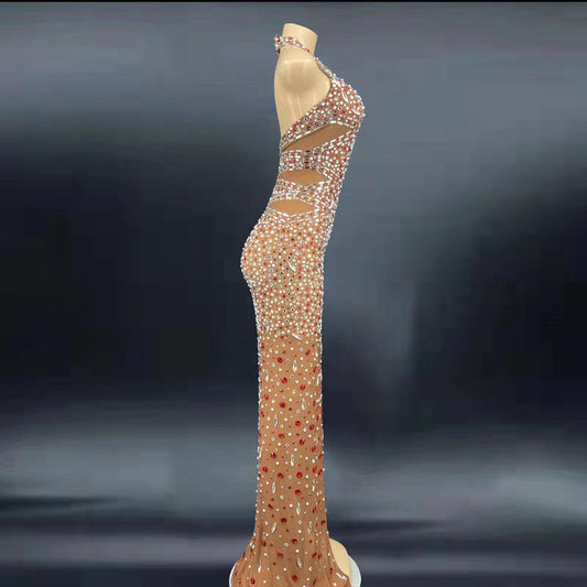 Glitter Rhinestone Formal Crystal Backless Elegant Statement Dress