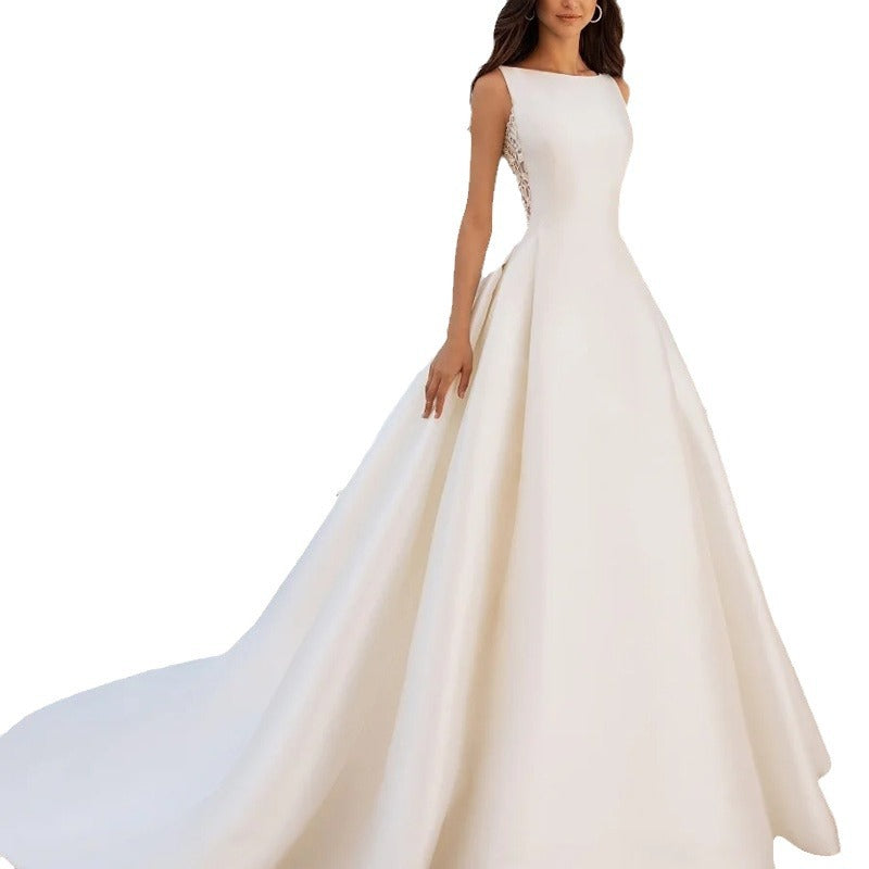 Elegant Satin A-Line Wedding Dress with Dramatic Illusion Lace Back.