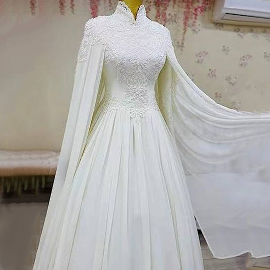 Modest High Neck Wedding Dress with Cape - Long Sleeve Lace Royal Ball Gown.