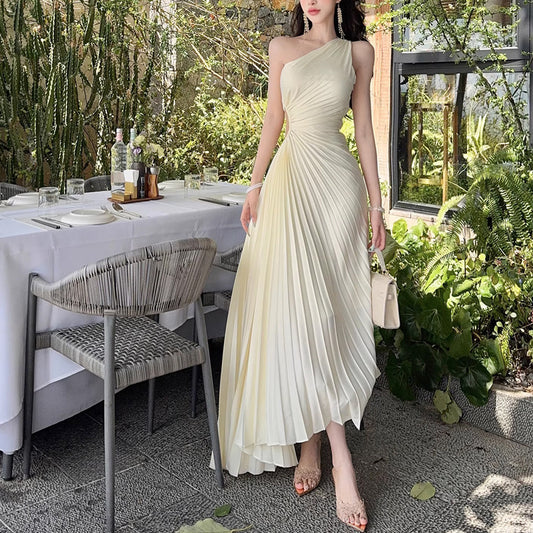 One-Shoulder Pleated Maxi Dress with Waist Cutout