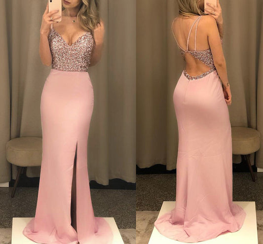 Pink Sequin Bodice Maxi Dress with Thigh Split