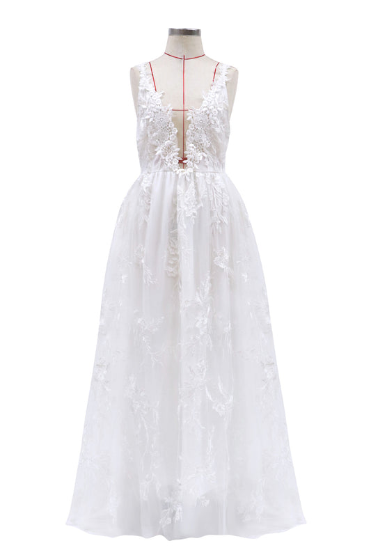 Floral Appliqué Wedding Dress with Spaghetti Straps - Romantic A-Line Bridal Gown.