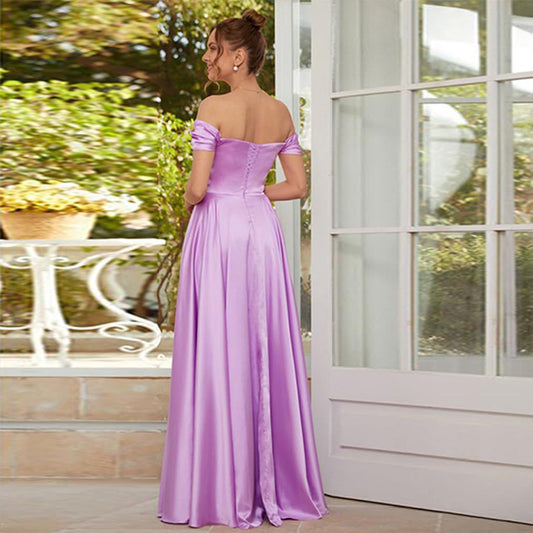 Off-The-Shoulder Satin Prom Dress - Ruched Sweetheart A-Line Gown