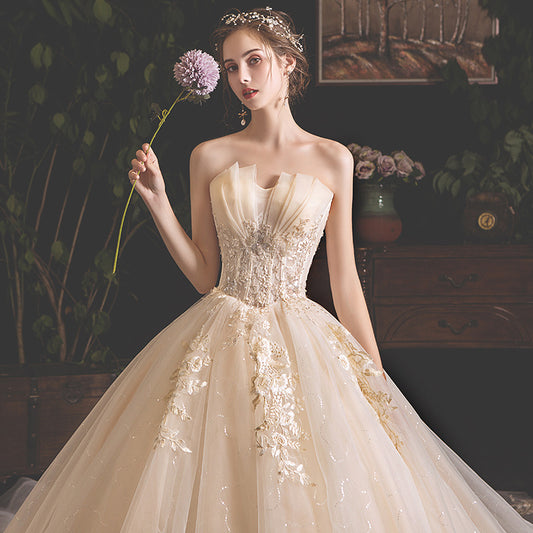 Champagne Mori Girl Tulle Ball Gown - Strapless Floral Wedding Dress.