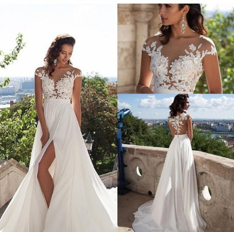 Illusion Lace Bohemian Wedding Dress - Chiffon A-Line Bridal Gown with Slit.