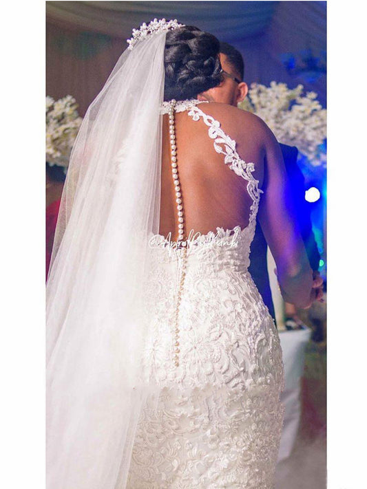 Vintage Halter Mermaid Wedding Dress | Beaded Lace Bridal Gown.