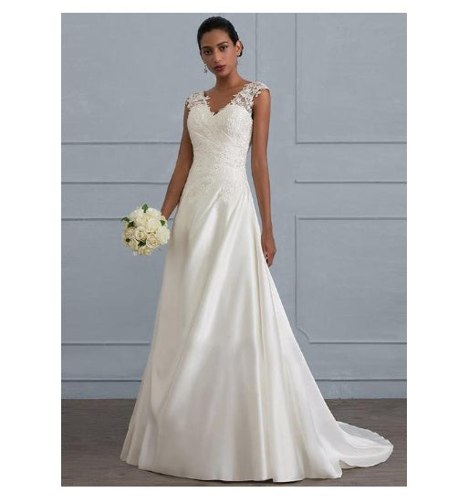 Elegant white lace backless low collar long wedding dress