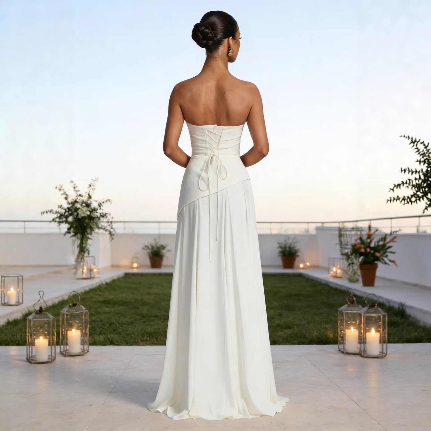 Strapless Corset Maxi Dress – Ruched Evening Gown with Attached Scarf Cape luxury bridal gown by Bridal Boutique