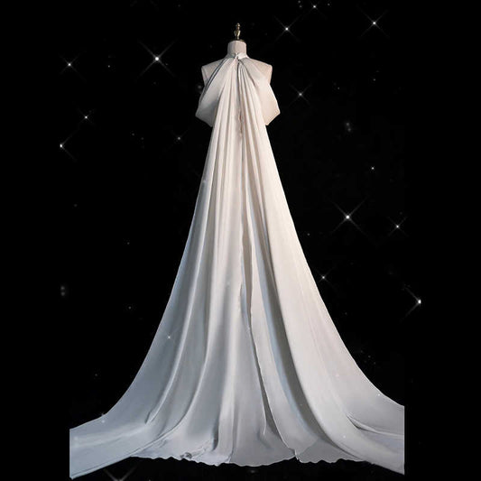 Sleek Satin Halter Wedding Dress with Cape - Minimalist Mermaid Bridal Gown.