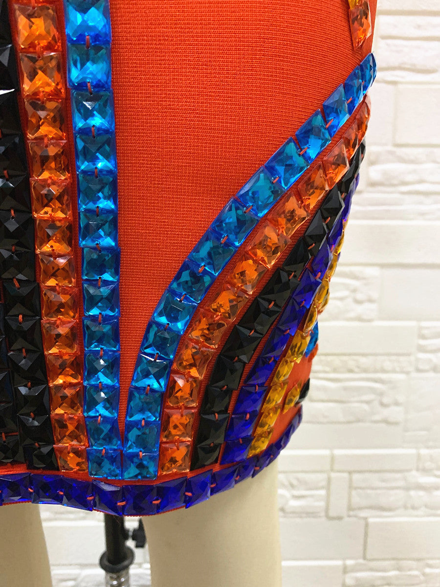 Orange Bandage Mini Dress with Rhinestone Embellishments