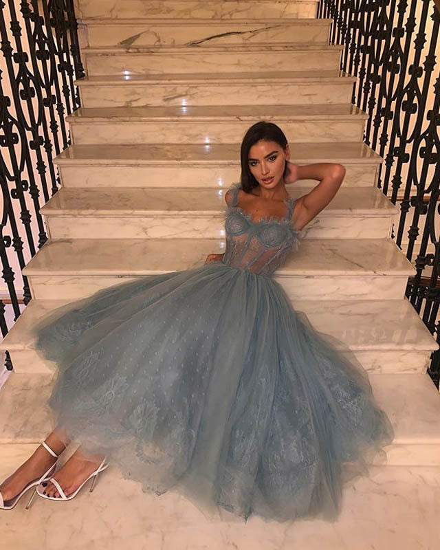 Corset Tulle Midi Dress - Bustier Boning Evening Gown, Dusty Blue
