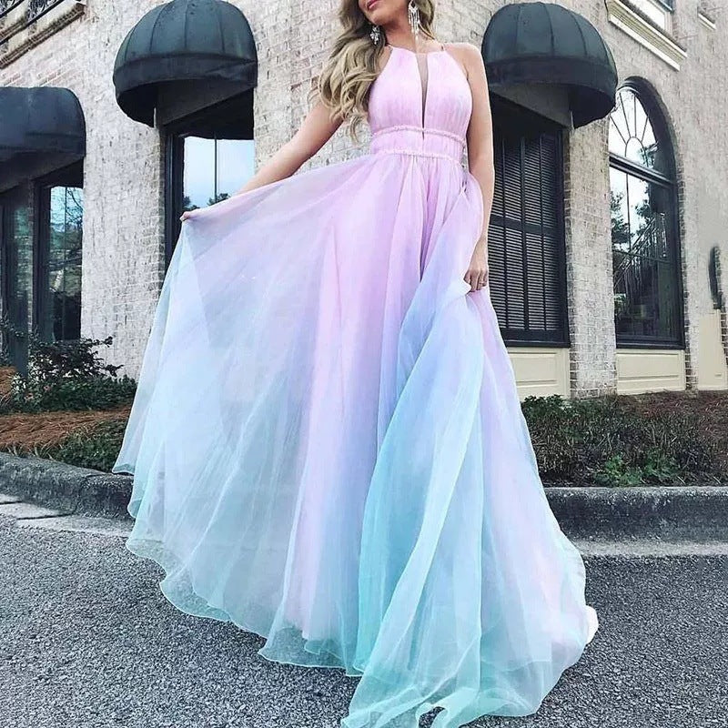 Printed Net Yarn Deep V Dress Long Dress