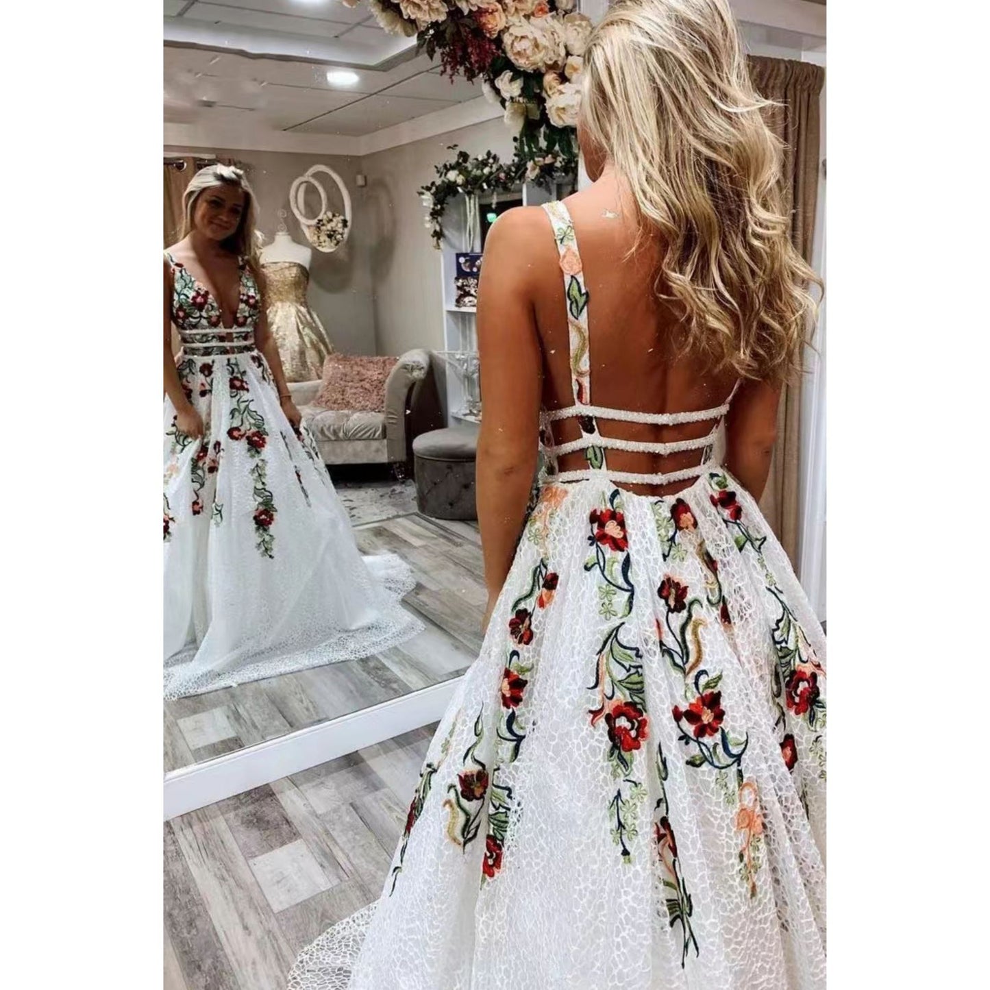 Boho Floral Mesh Wedding Guest Dress – Strappy Backless Evening Gown