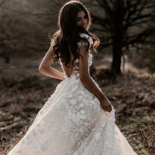 Deep V-Neck Lace A-Line Wedding Dress - 3D Floral Tulle Bridal Gown.