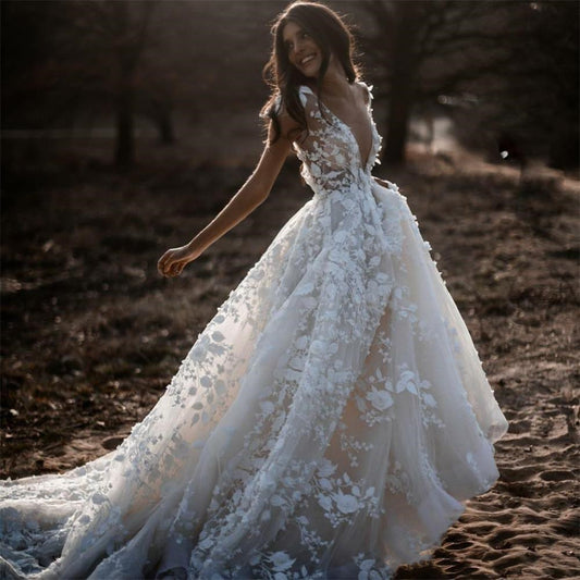 Deep V-Neck Lace A-Line Wedding Dress - 3D Floral Tulle Bridal Gown.