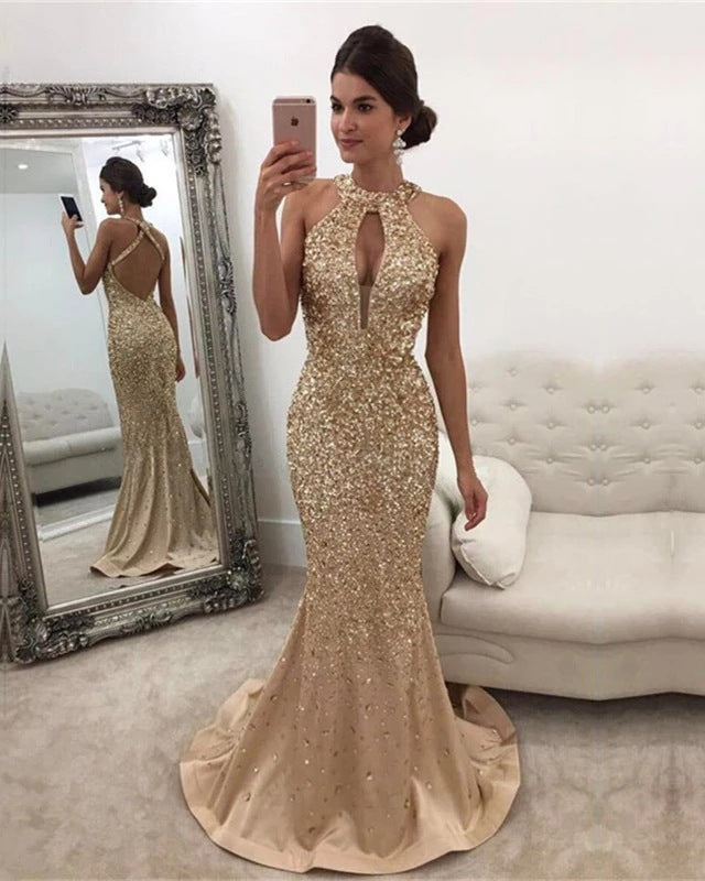 Sequin High-Neck Mermaid Gown - Keyhole Cutout Prom Dress with Criss-Cross Back, Rose Pink