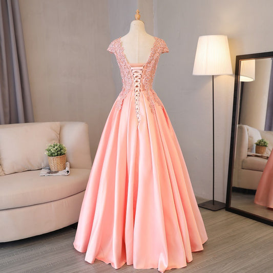 Pink Lace Evening V-Neck Sleeveless Formal