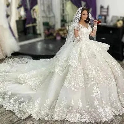Royal Off – the – Shoulder Lace Ball Gown – Dramatic Layered Cathedral Train Wedding Dress. luxury bridal gown by Bridal Boutique
