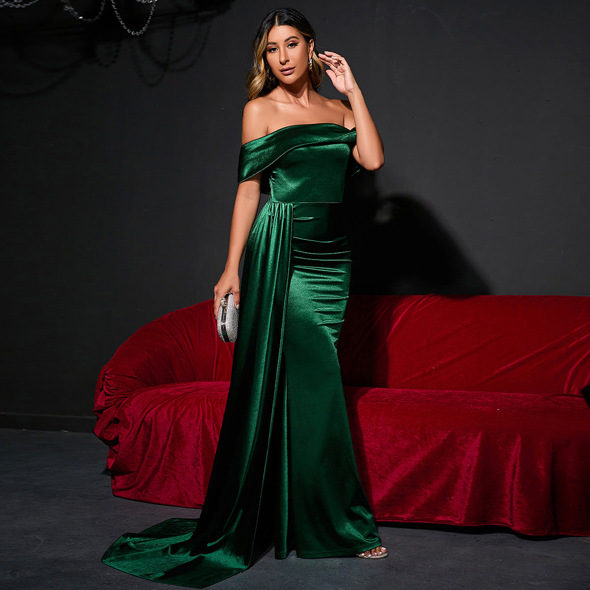 Off-The-Shoulder Satin Gown - Cowl Neck Mermaid Prom Dress with Slit, Burgundy or Emerald Green