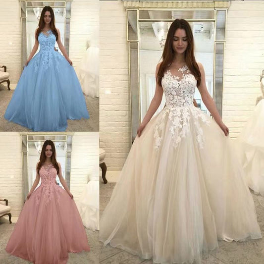 Women Formal Wedding Sleevless Flowers Lace Dress