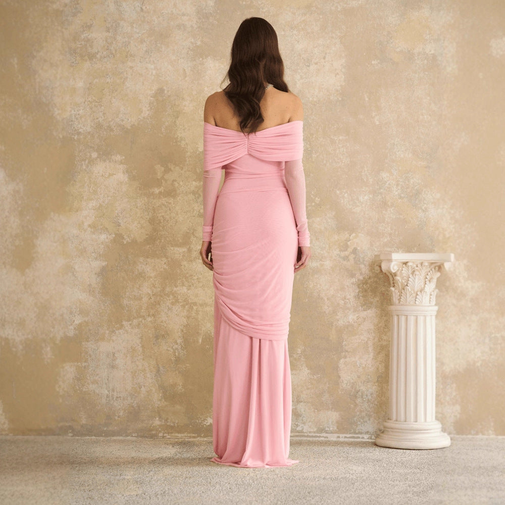 Off-The-Shoulder Draped Maxi Dress with Long Sleeves