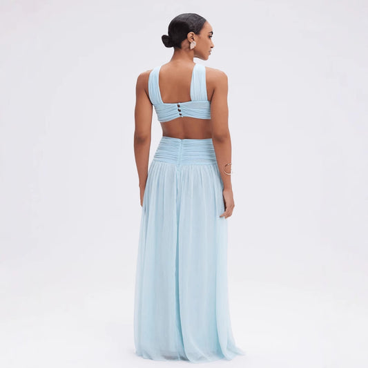 Criss-Cross Halter Maxi Dress - Pleated Chiffon Evening Gown with Cutouts, Sky Blue