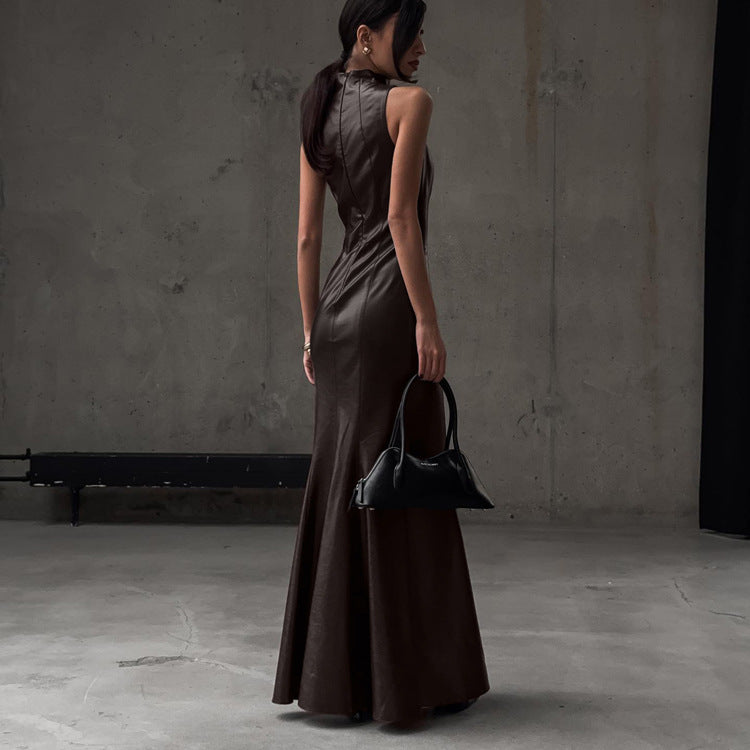 Elegant Dark Brown Leather-Look Evening Gown – Sleek Mock Neck Maxi