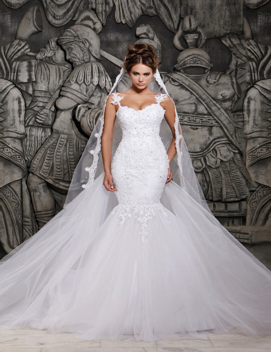 Lace Mermaid Wedding Dress with Detachable Train – Sweetheart Tulle Bridal Gown. luxury bridal gown by Bridal Boutique