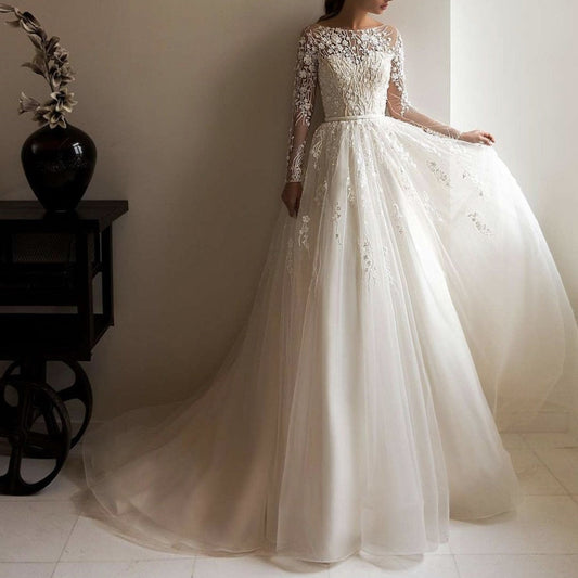 Long Sleeve Off-Shoulder Lace Wedding Dress - Elegant A-Line Bridal Gown with Train.