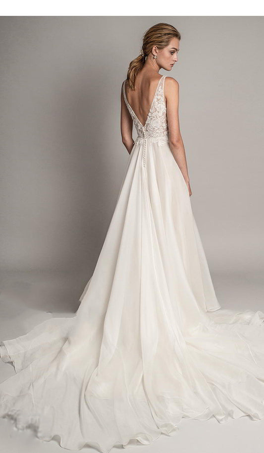 Women's Deep V Neck Lace Long Simple Lawn Wedding Dress