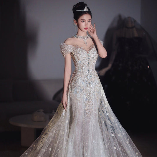 Luxury Glitz Mermaid Wedding Dress with Detachable Cape Train.