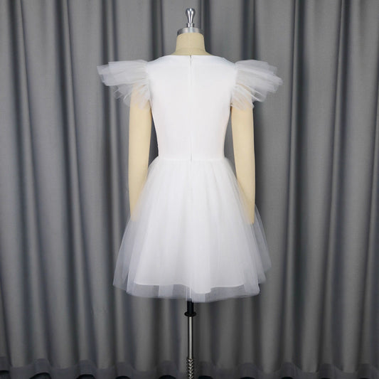 Tulle V-Neck Bridal Mini Dress - Flutter Sleeve Short Wedding Reception Dress.