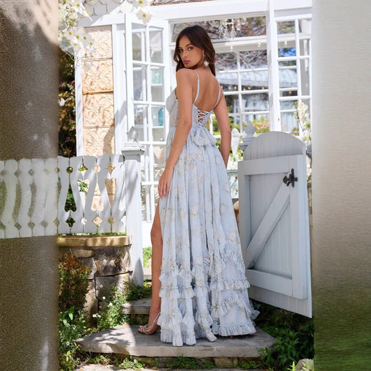 Floral Corset Maxi Dress with High Slit and Tiered Ruffles