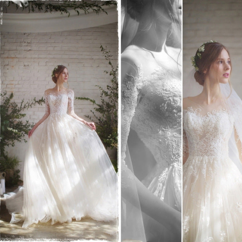 Off-The-Shoulder Lace Ball Gown Wedding Dress - 3D Floral Bridal Gown with Train.