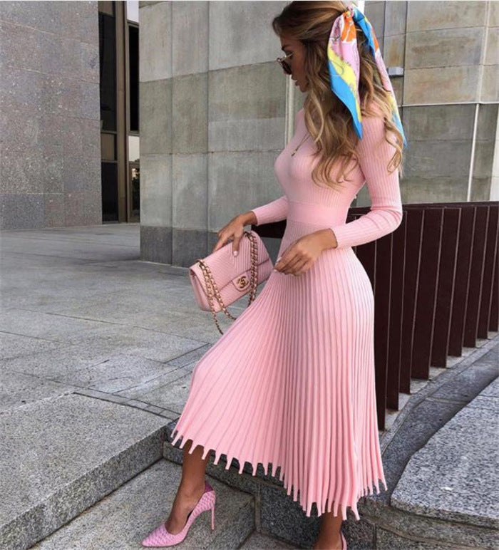 Pink Long Sleeve Ribbed Knit Midi Dress with Pleated Skirt