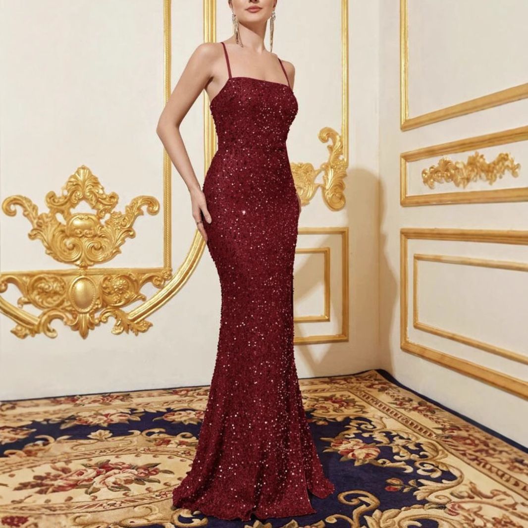 Fashionable Slip Dress With Sequins And A Slit Perfect For Formal Occasions