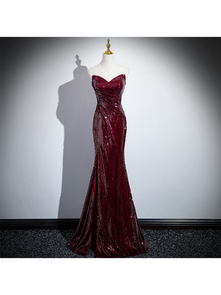 Off-The-Shoulder Sequin Mermaid Dress - Red Formal Evening Gown with Ruffle Sleeves