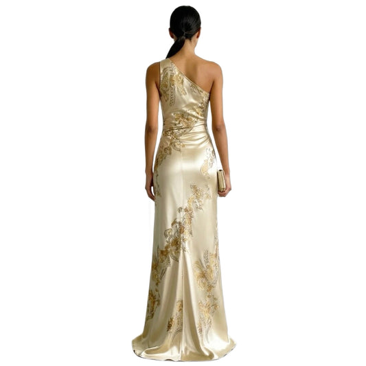Golden Printed Off-Shoulder Slim-Fit Long Dress