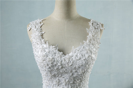 Classic 3D Floral Lace Ball Gown Wedding Dress with Illusion V-Back.