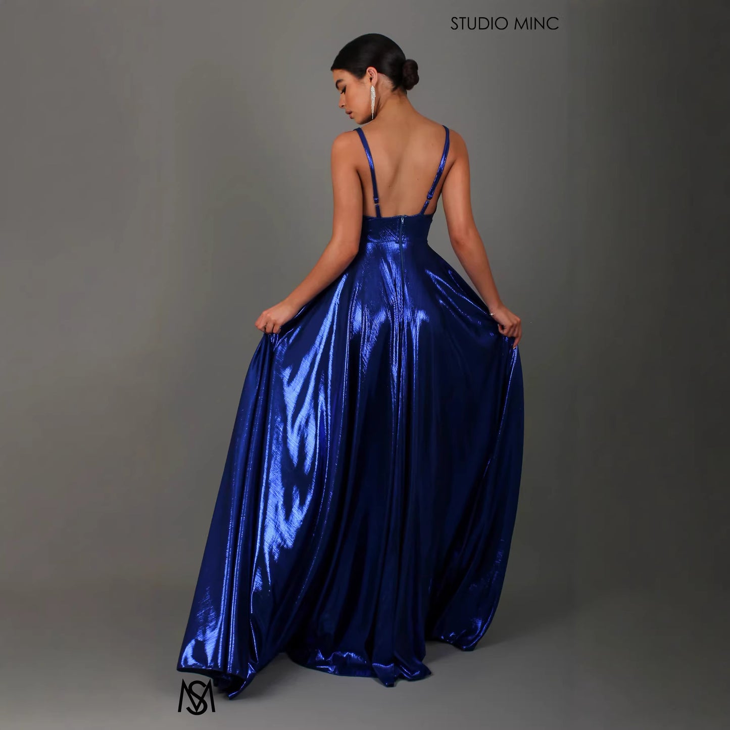 Liquid Satin V-Neck Gown - Pleated A-Line Prom Dress with High Slit