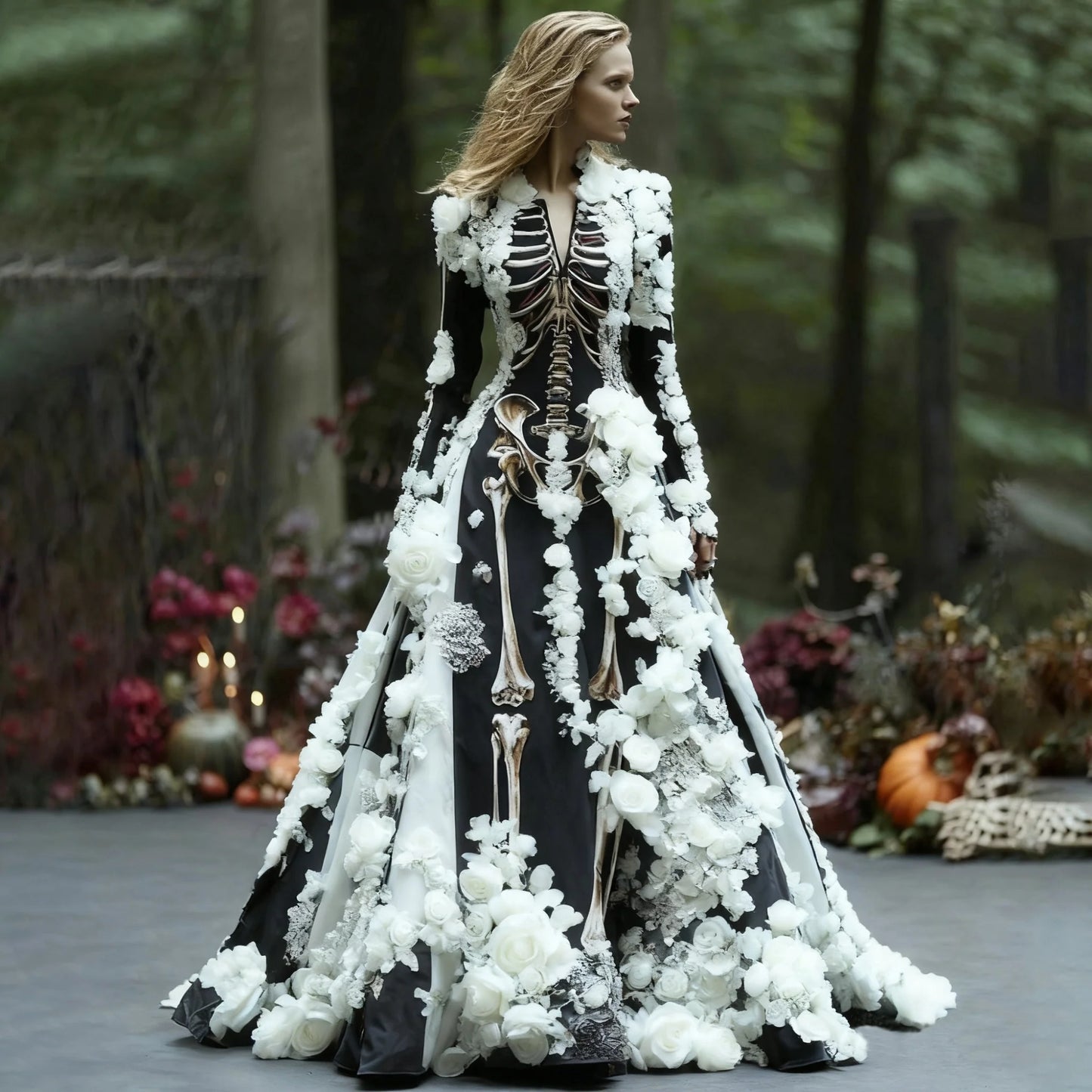 Beautiful Ball Gown Formal Skeleton Bones Halloween Dress