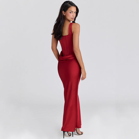 Satin Corset Maxi Dress with Draped Skirt