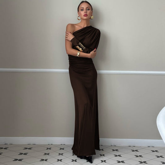 One-Shoulder Long Sleeve Maxi Dress with Metallic Gold Cuffs