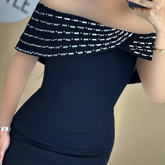 Off-shoulder Handmade Diamond Strip Dress Evening Dress