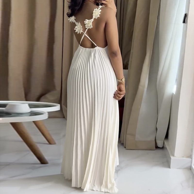 White Long Accordion Flowy Dress With Flower Spaghetti Straps