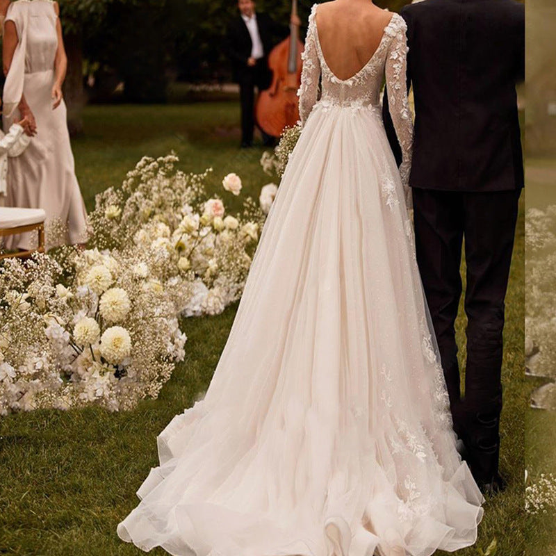 Long Sleeve Lace A-Line Wedding Dress - Whimsical Illusion V-Neck Bridal Gown.