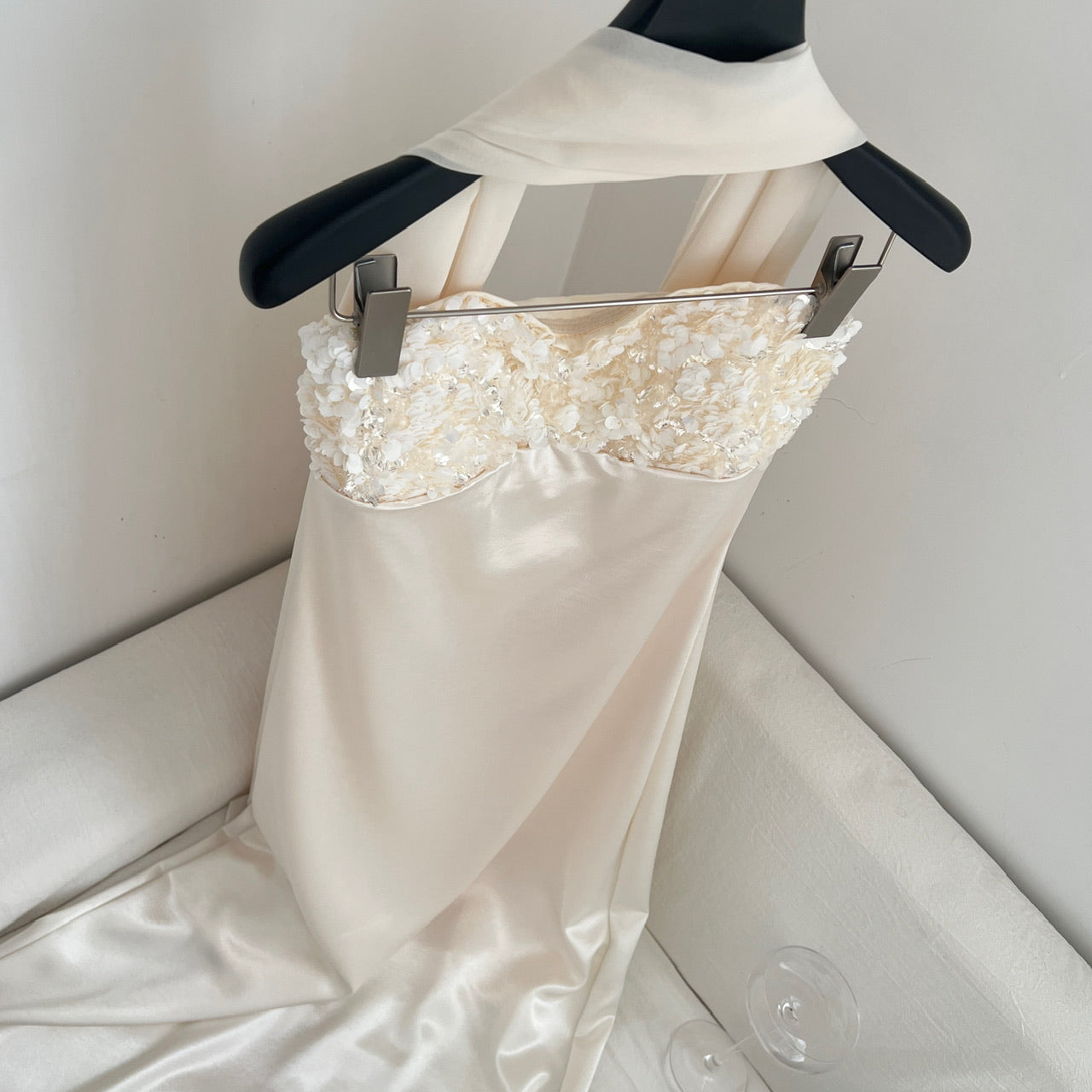 Champagne Satin Maxi Dress with Lace Trim - Elegant Strapless Evening Gown