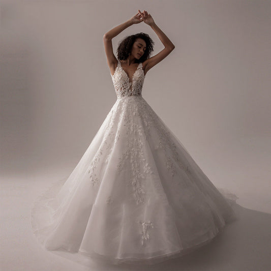 Classic Lace Ball Gown Wedding Dress with Plunging V-Neckline.