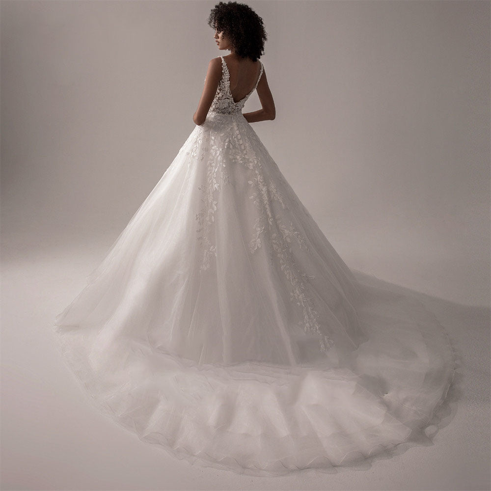 Classic Lace Ball Gown Wedding Dress with Plunging V-Neckline.