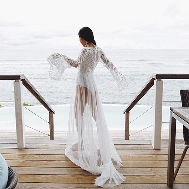 Boho Long Sleeve Lace Beach Cover-Up – Sheer Mesh Maxi Dress